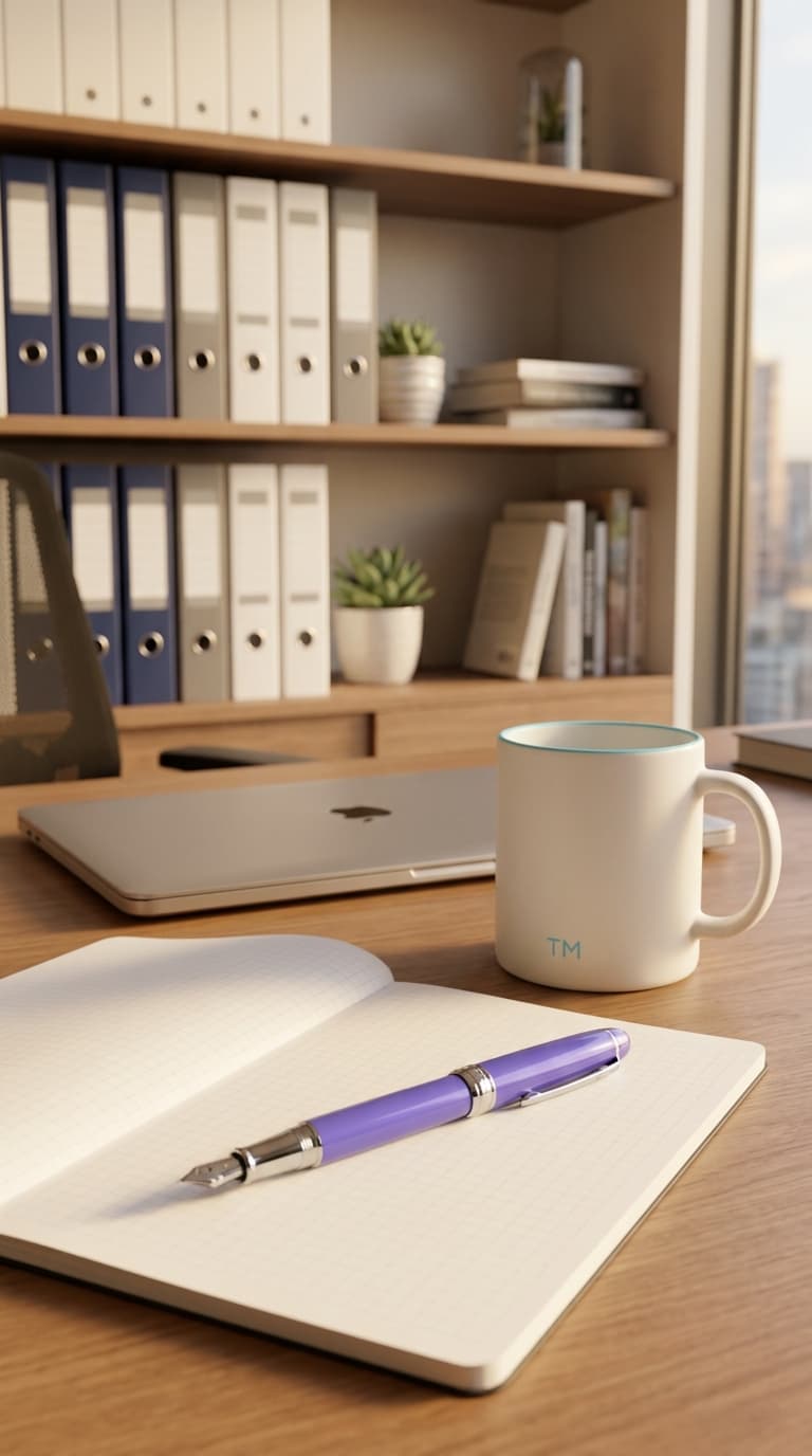 Escritorio con café y bolígrafo preparado para revisar el checklist de cierre de ejercicio fiscal