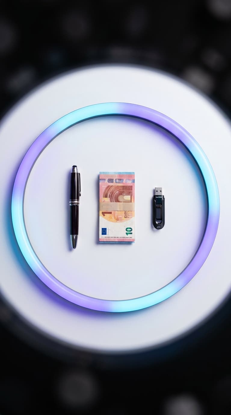 Billete de euro, bolígrafo y memoria USB representando la comparativa entre gestorías