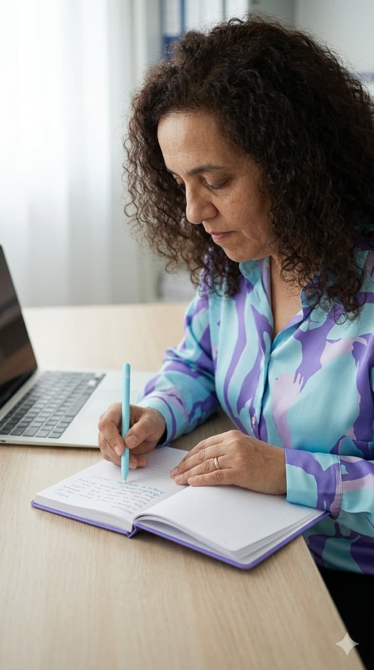 Teresa Monsalvo escribiendo en su cuaderno el paso a paso para llevar la contabilidad de un autónomo